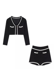 Women summer 2 pieces set, black crop sweater and high waist shorts 