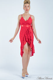 Woman wearing a red lace one-size dress, summer party dress