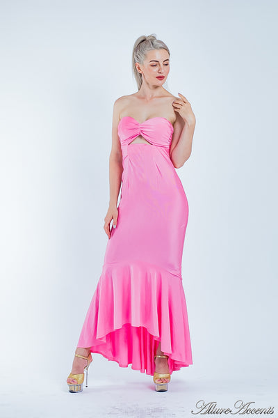 Woman is wearing a pink strapless long gown mermaid dress, semi to formal dress 