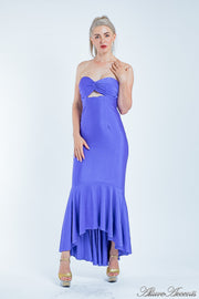Woman is wearing a azure strapless long gown mermaid dress, semi to formal dress 