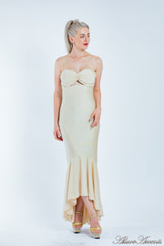 Woman is wearing a beige strapless long gown mermaid dress, semi to formal dress 