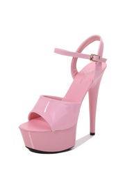 Woman party exotic pink high heels, leather straps and has pink buckle straps, rubber soles