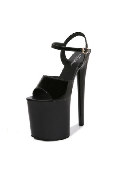 Women black party exotic platform heels, super high heel with buckle fastening