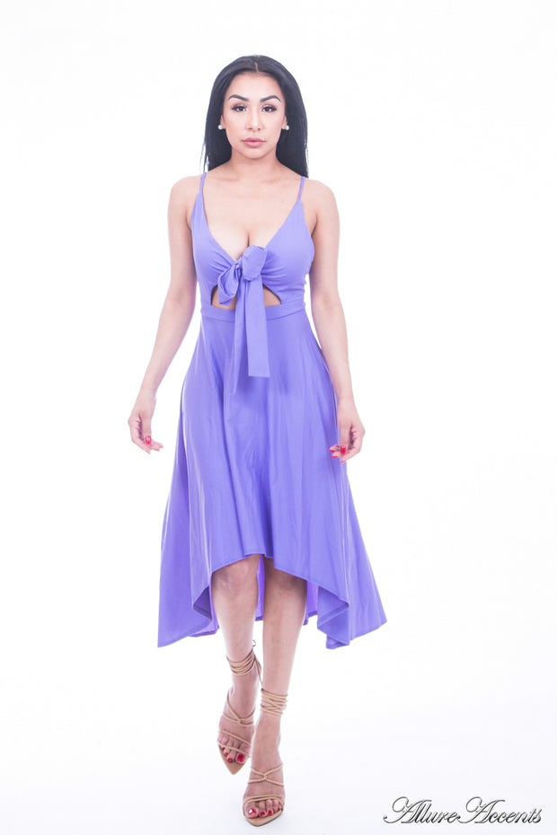 Woman is wearing a purple hi-low dress, sexy summer sleeveless casual dress with front adjustable tie bow
