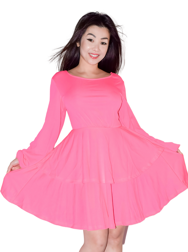 Woman is wearing a hot pink mini layers dress, casual long sleeves dress appropriate for all seasons 