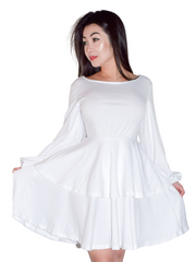 Woman is wearing a white mini layers dress, casual long sleeves dress appropriate for all seasons 