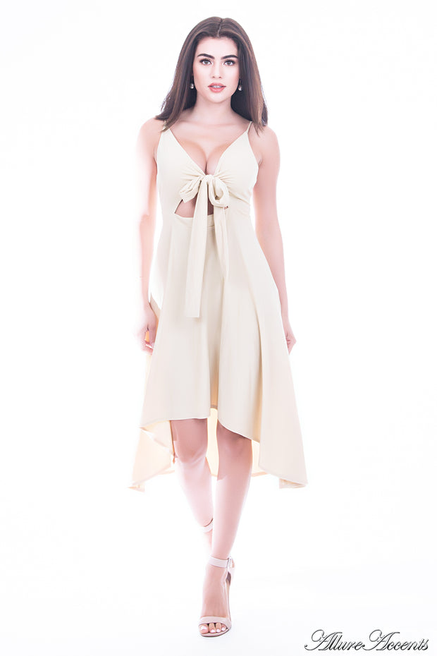 Woman is wearing a beige hi-low dress, sexy summer sleeveless casual dress with front adjustable tie bow