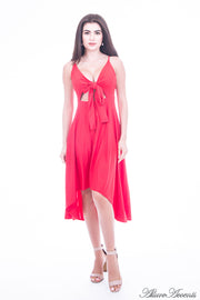 Woman is wearing a red hi-low dress, sexy summer sleeveless casual dress with front adjustable tie bow