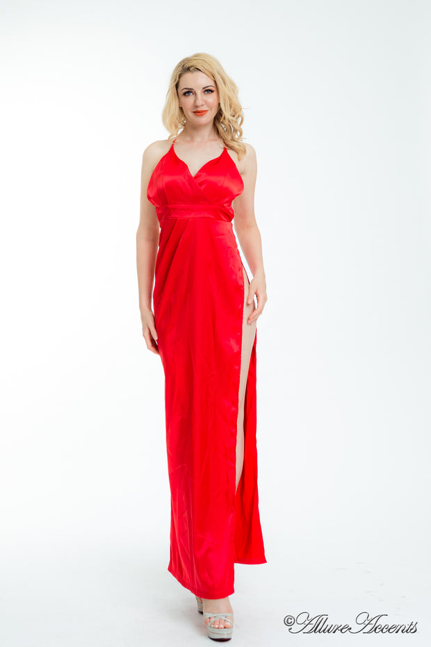 women wearing a long alter red satin maxi dress with high slit 
