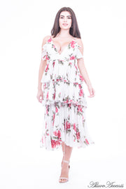 Women is wearing white multi color floral dress, one-size fits all 3 layers pleated chiffon midi sundress with sexy low-cut back 