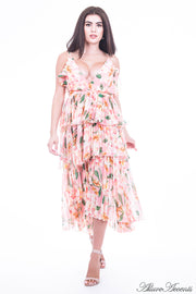 Women is wearing peachy multi color floral dress, one-size fits all 3 layers pleated chiffon midi sundress with sexy low-cut back 