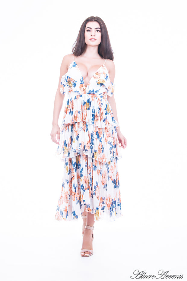 Women is wearing white multi color floral dress, one-size fits all 3 layers pleated chiffon midi sundress with sexy low-cut back 