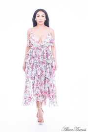 Women is wearing ivory multi color floral dress, one-size fits all 3 layers pleated chiffon midi sundress with sexy low-cut back 