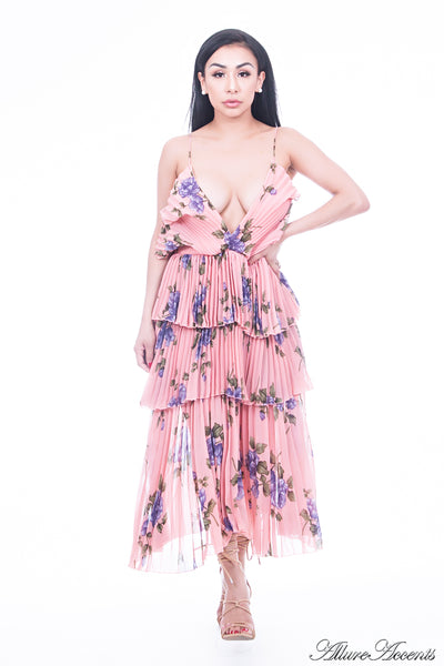 Women is wearing blush multi color floral dress, one-size fits all 3 layers pleated chiffon midi sundress with sexy low-cut back 