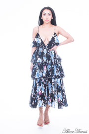 Women is wearing blue multi color floral dress, one-size fits all 3 layers pleated chiffon midi sundress with sexy low-cut back 