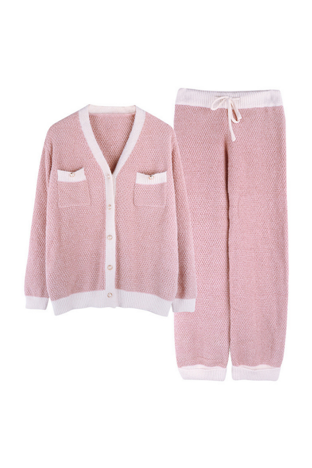 Pink loungewear 2 pieces outfit, knitted comfortable lounging outfit