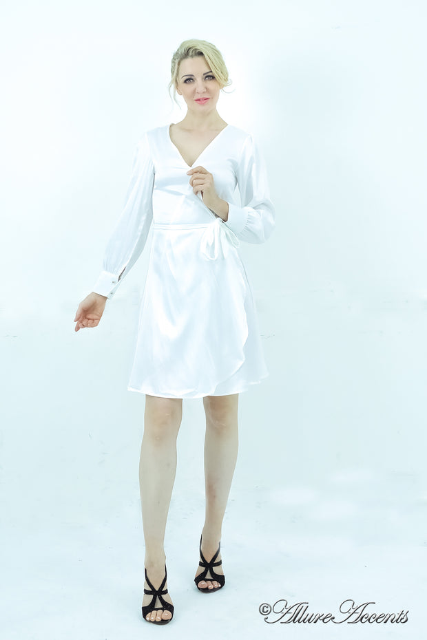 woman wearing a one-size fits all white satin wrap dress