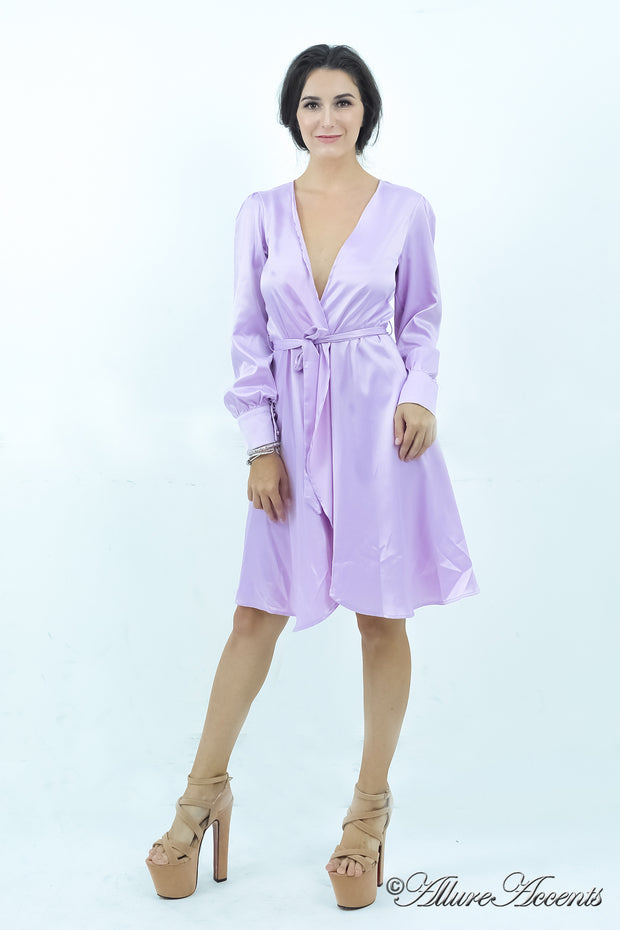 woman wearing a one-size fits all lavender satin wrap dress