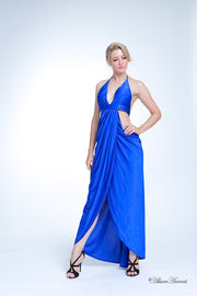 A woman wearing a sexy royal blue party long maxi dress