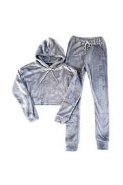 Grey 2 pieces lounge wear set, casual comfortable fleece outfit for all season 