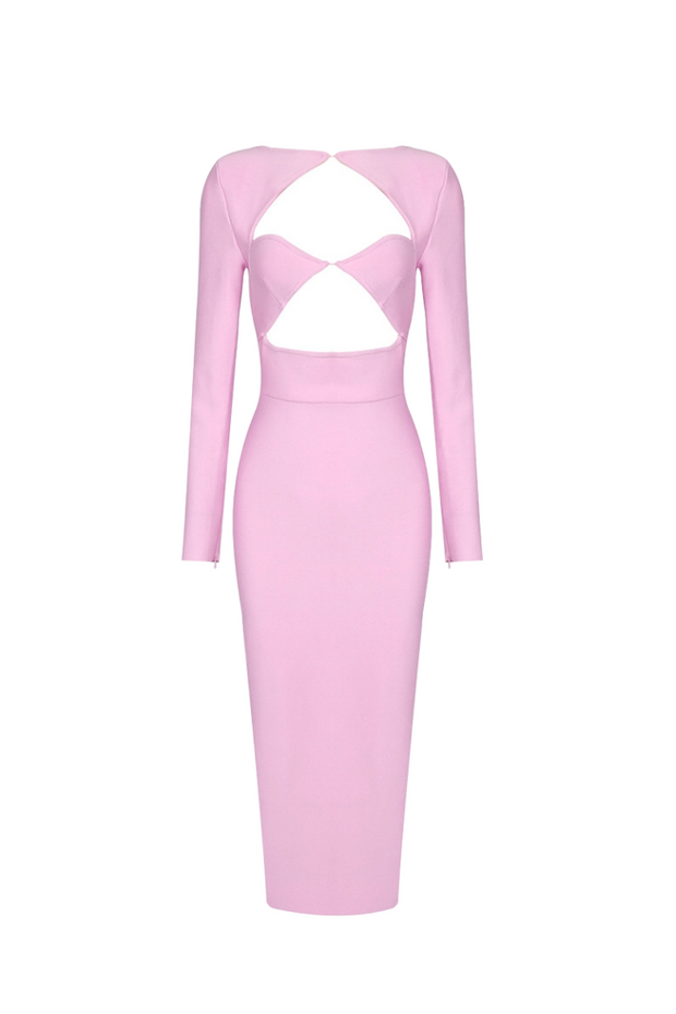 Women pink classy yet sexy long sleeves bandage bodycon dress, premium fabric for elegant feel and look 