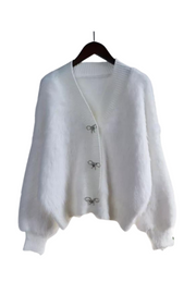 White fluffy fleece one-size fits all sweater, comes with rhinestone button embellishment detail, suitable for all season