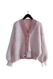 Pink fluffy fleece one-size fits all sweater, comes with rhinestone button embellishment detail, suitable for all season