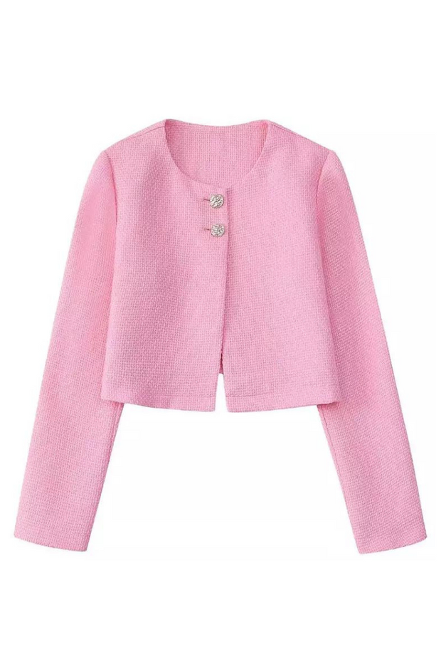 Women pink cropped tweed coat, trendy casual wear or dress up for all events and seasons