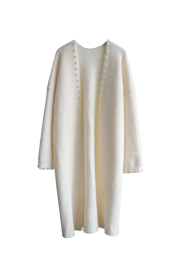 Women one-size white long soft fleece sweater with pearl details, trendy casual for everyday wear and all occasions 