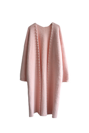 Women one-size pink long soft fleece sweater with pearl details, trendy casual for everyday wear and all occasions 