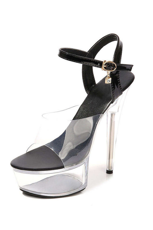 Woman black party exotic high heels, clear straps with leather buckle fastening 