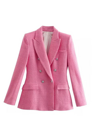 Women pink tweed jacket with pockets, trendy casual outerwear for all season and occasions