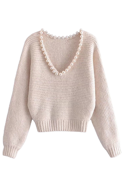High quality women beige sweater with pearls details, trendy casual outerwear for all season and occasions