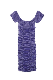Woman is wearing a lavender off shoulder satin ruched dress, cute summer party dress for all ages