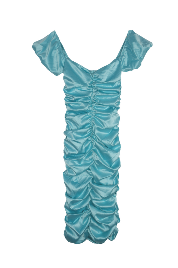 Woman is wearing a turquoise off shoulder satin ruched dress, cute summer party dress for all ages