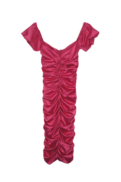 Woman is wearing a hot pink off shoulder satin ruched dress, cute summer party dress for all ages