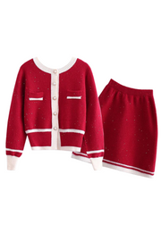 Women red One-Size fits all 2 pieces autumn and winter outfit, knitted casual set and for occasions 
