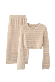 Women beige 2 pieces fall winter wear, one-size casual or outgoing set