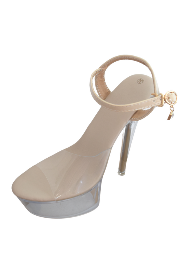 Woman beige party exotic high heels, clear straps with leather buckle fastening, for all events wear