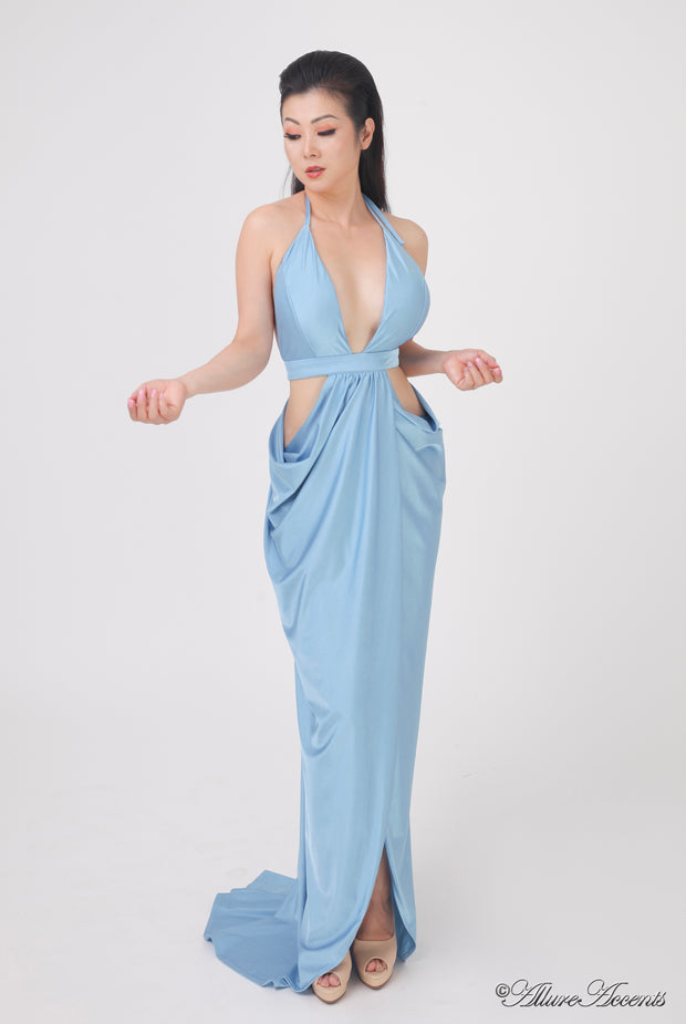 A woman wearing a sexy light blue party long maxi dress