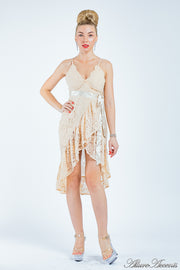 Woman wearing a beige lace one-size dress, summer party dress