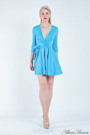 Women is wearing a sapphire mini swing dress, casual mid-sleeves all season appropriate dress