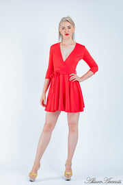 Women is wearing a red mini swing dress, casual mid-sleeves all season appropriate dress