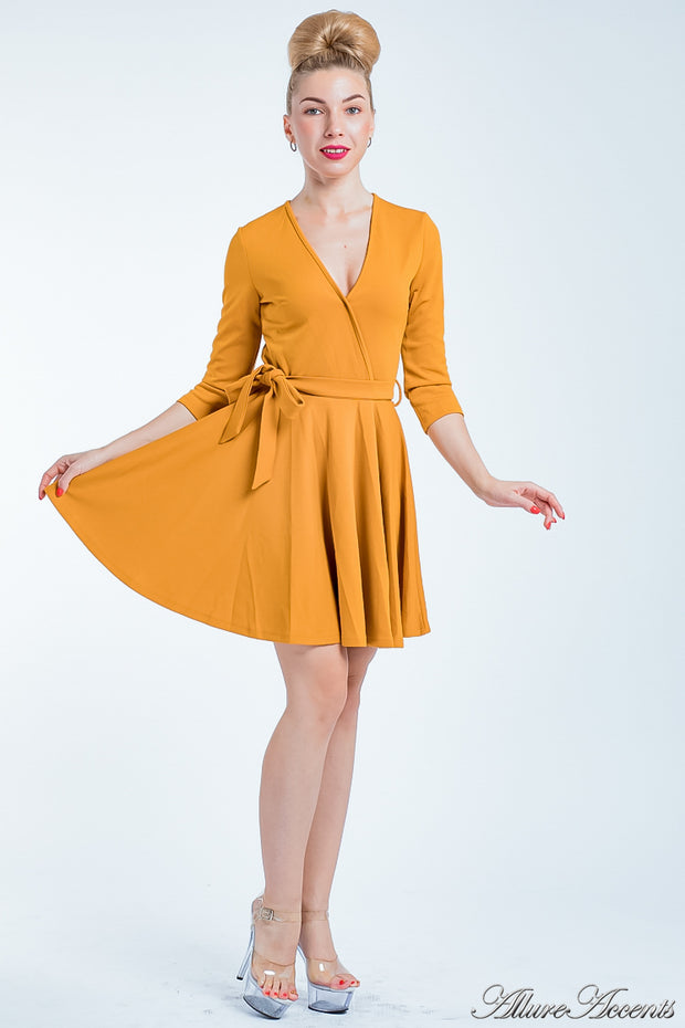 Women is wearing a golden mini swing dress, casual mid-sleeves all season appropriate dress
