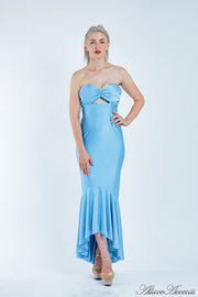 Woman is wearing a light blue strapless long gown mermaid dress, semi to formal dress 