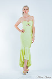 Woman is wearing a yellow strapless long gown mermaid dress, semi to formal dress 