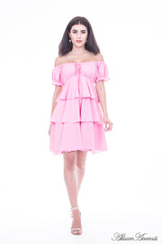 Women is wearing pink layers summer dress, casual mini sweetheart neck dress