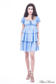 Women is wearing blue layers summer dress, casual mini sweetheart neck dress