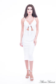 Women is wearing a white bodycon dress, sleeveless party summer dress
