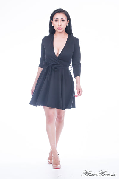 Women is wearing a black mini swing dress, casual mid-sleeves all season appropriate dress